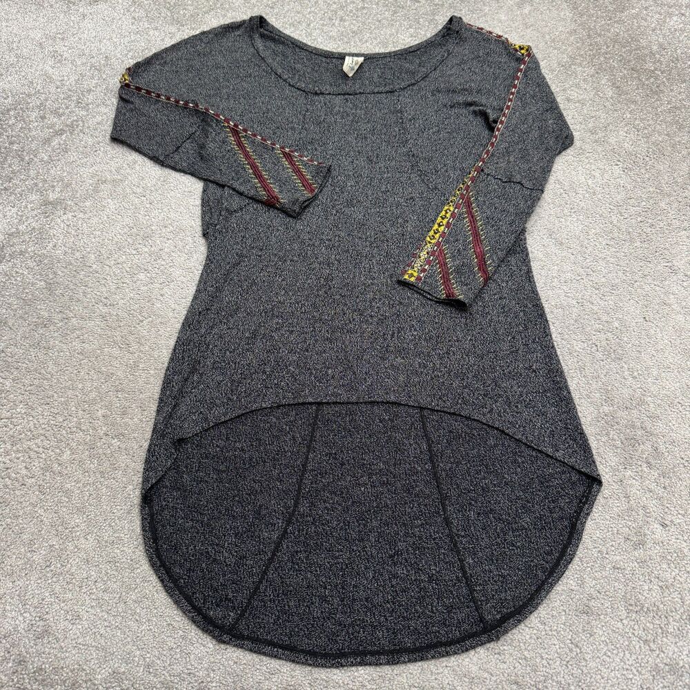 Free People Embroidered High Low Tunic Dress Women Large Charcoal Grey Knit